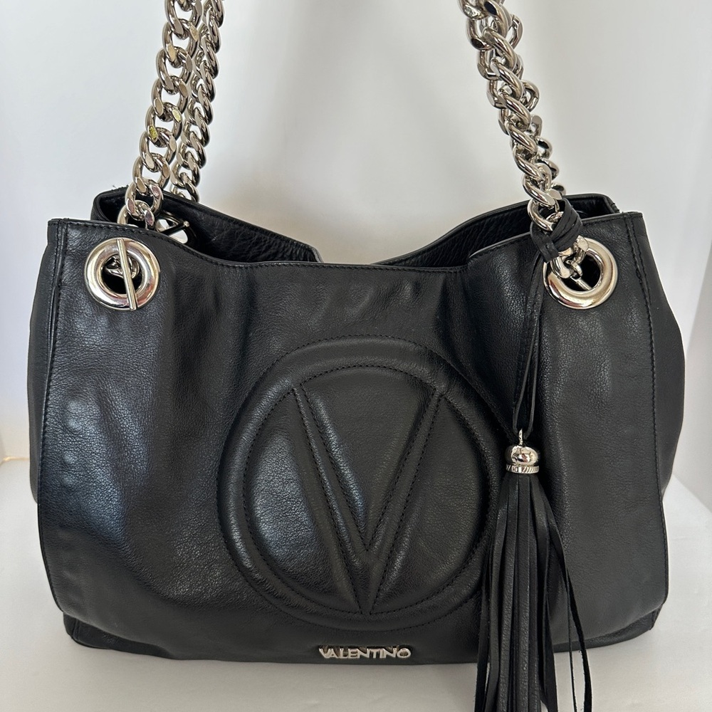 AUTHENTIC VALENTINO By Mario Valentino Black Leather Quilted Logo Handbag